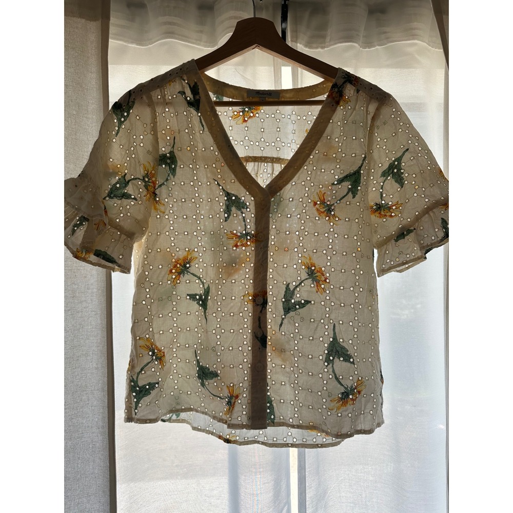 Madewell Eyelet Village Ruffle-Sleeve Shirt in Sunflower Scatter – Size M